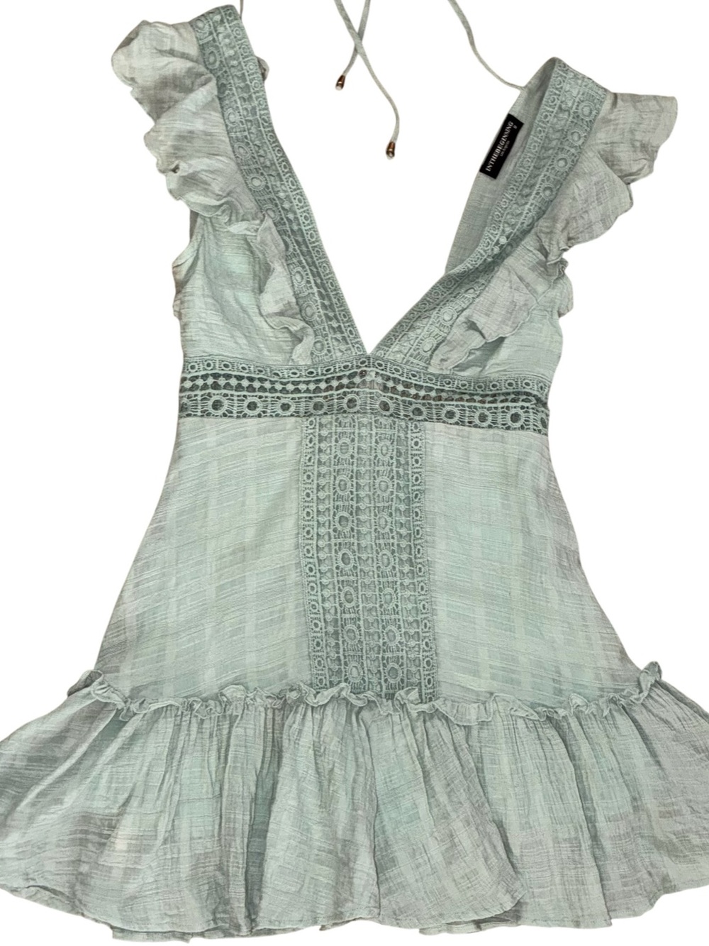 Boho Mint Lace Mini Dress | Cottagecore Ruffle Summer Beach Deep V-Neck Medium